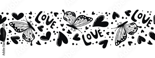 Hand drawn romantic background with butterfly and heart.Black white seamless border with hand lettering and abstract shapes.Valentines Day pattern with free hand dots.Vector decorative illustration.