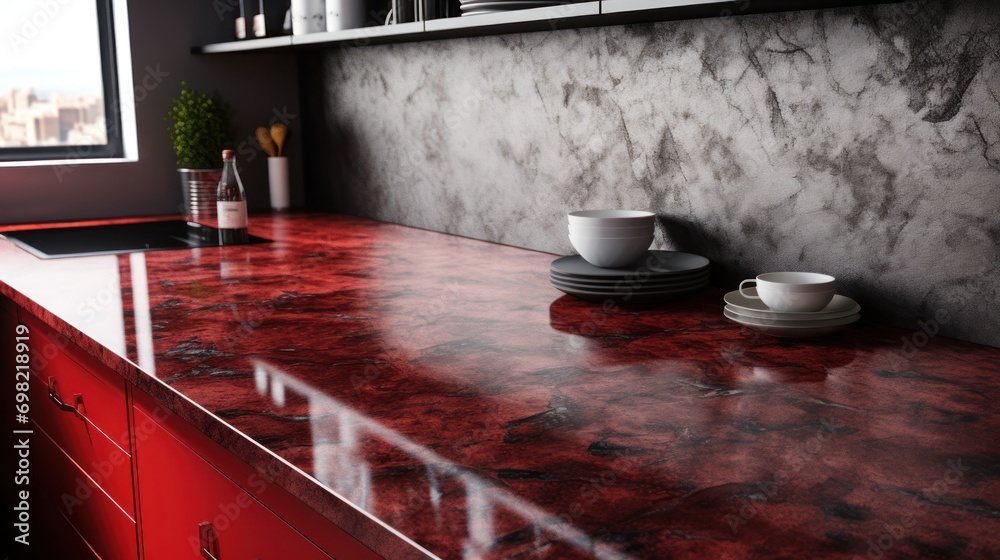 Obraz premium Luxury kitchen interior with red marble countertop and cupboard