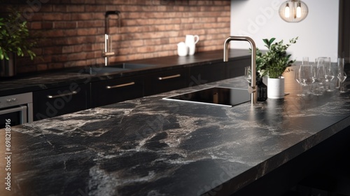 Luxury black marble countertop in modern kitchen interior design