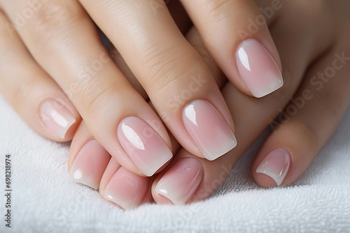 Women s hands with a soft light pink manicure.