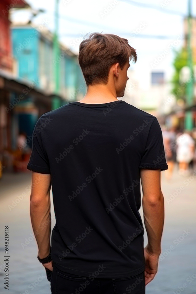 A young man in a black T-shirt stands with his back to the camera, on the back there is free space for a logo, vertical photo A young man in a black T-shirt stands with his back to the camera, on the back there is free space for a logo, vertical photo