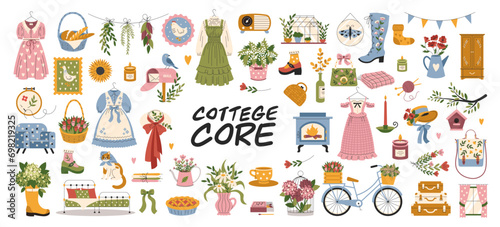 A large set of cute cottage core style elements. Rural girl aesthetics. Flowers, retro clothes, vintage dresses. Vector, flat, cartoon illustration