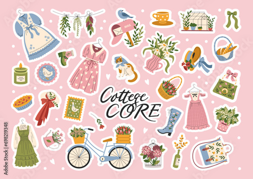 Sticker pack of cute cottage core style elements. A set of rural girl aesthetics. Flowers, retro clothes, vintage dresses. Vector, flat, cartoon illustration