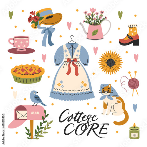 A set of cute cottage core style elements. Rural girl aesthetics. Flowers, retro clothes, vintage dresses. Vector, flat, cartoon illustration