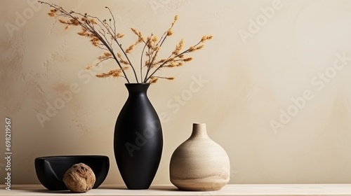 Vase with dried flowers on wooden shelf against white wall background