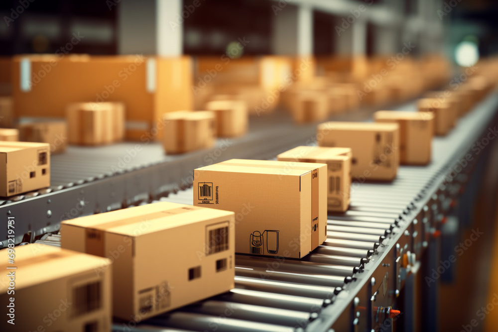 conveyor belt in warehouse with boxes