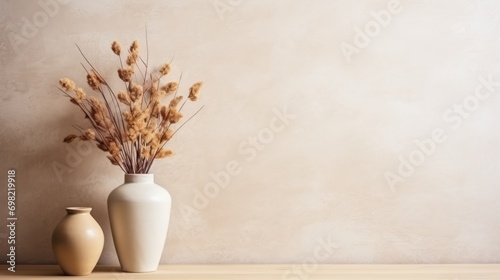 Vase with dried flowers on wooden table over beige wall background