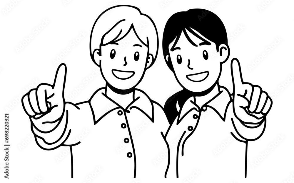 two women showing finger outline, flat vector illustration black and white, for coloring book, isolated on white background two women showing finger outline, flat vector illustration black and white, for coloring book, isolated on white background
