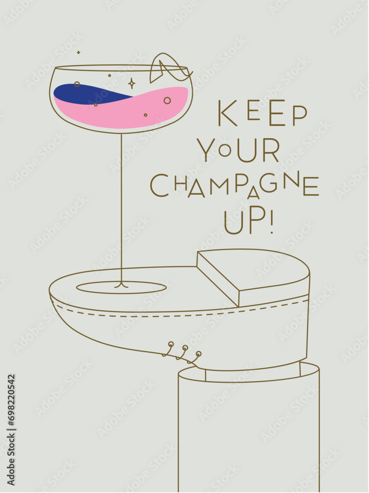 Alcohol poster. Champagne wide glass with lettering stands on foot drawing in line art style on beige background