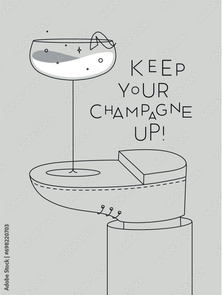 Alcohol poster. Champagne wide glass with lettering stands on foot drawing in line art style on grey background