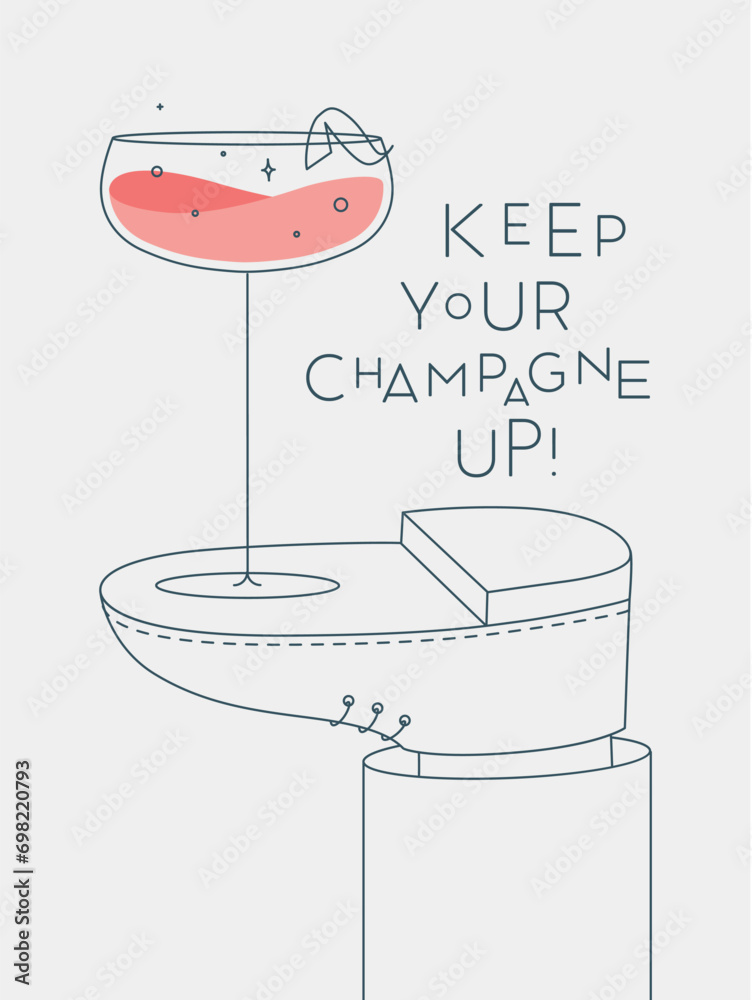 Alcohol poster. Champagne wide glass with lettering stands on foot drawing in line art style on light background