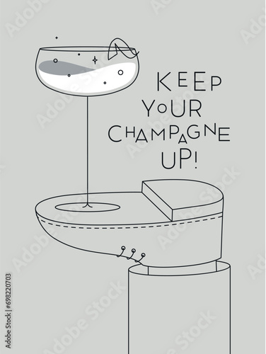 Alcohol poster. Champagne wide glass with lettering stands on foot drawing in line art style on grey background