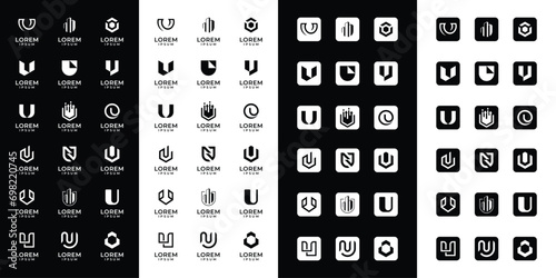 Set of abstract initial letter U logo templates with icons, symbols for business of fashion, automotive, financial, and others