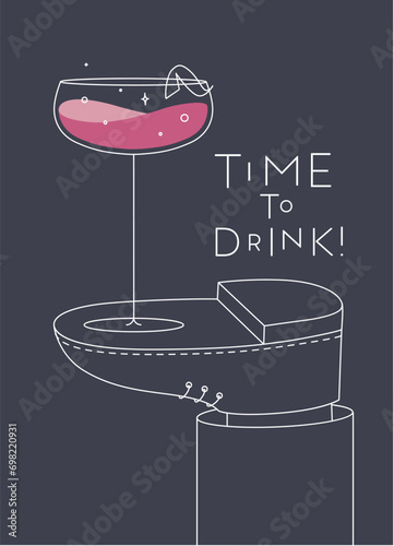 Obraz na płótnie Alcohol poster. Daiquiri cocktail glass with lettering time to drink stands on foot drawing in line art style on dark background w salonie