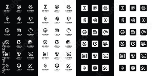 Set of abstract initial letter E logo templates with icons, symbols for business of fashion, automotive, financial, and others
