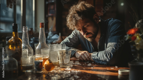 sad man suffers from a hangover and headache after a party, alcohol poisoning, unhappy guy sitting at the table, portrait, interior, drunk person, depression, illness, pain photo