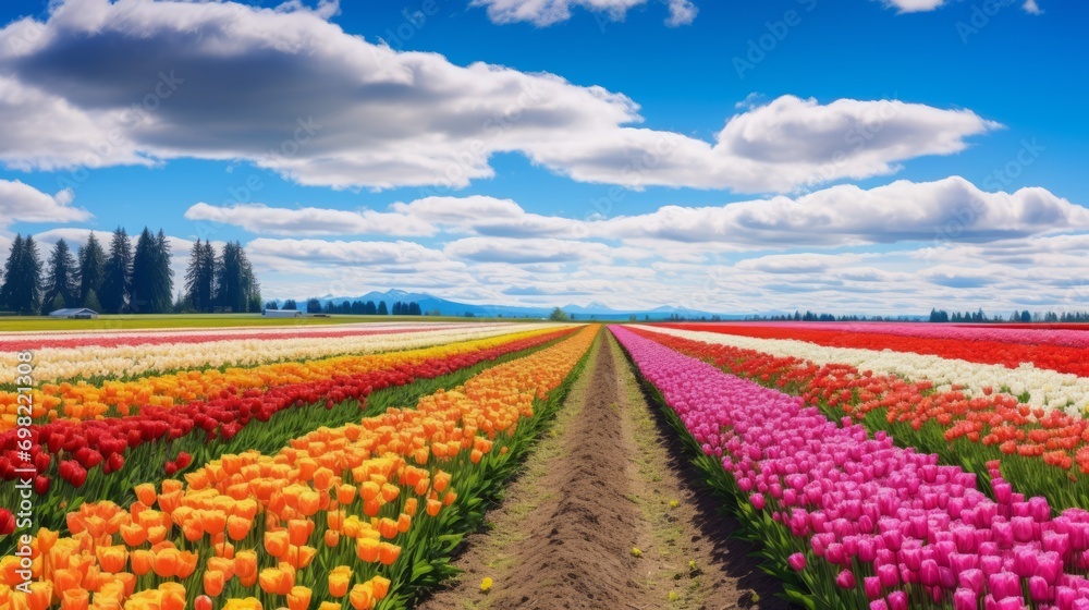field of tulips and blue sky in the spring 