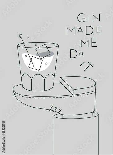Obraz na płótnie Alcohol poster. Gin cocktail glass with lettering time to drink stands on foot drawing in line art style on grey background w salonie