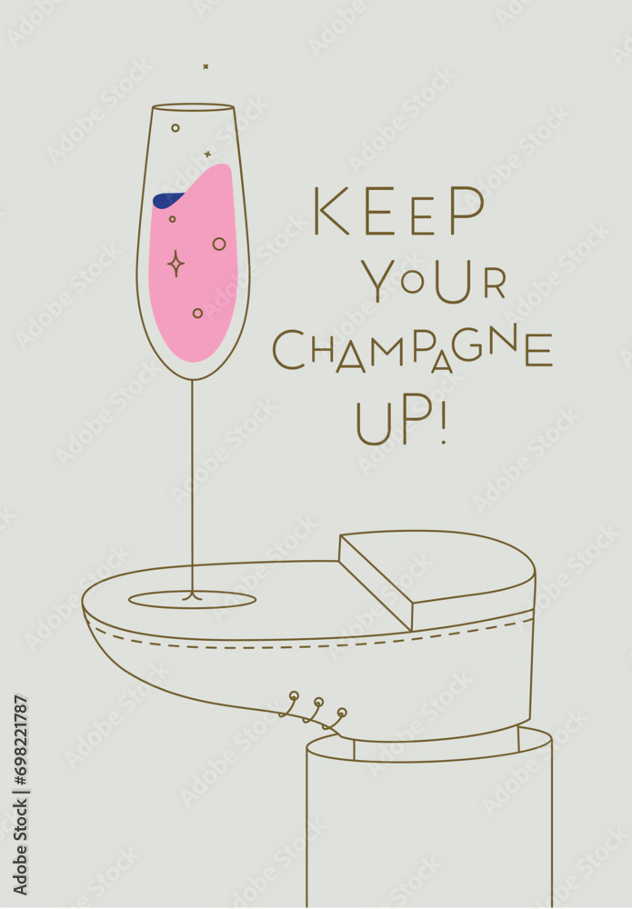 Alcohol poster. Champagne glass with lettering stands on foot drawing in line art style on beige background