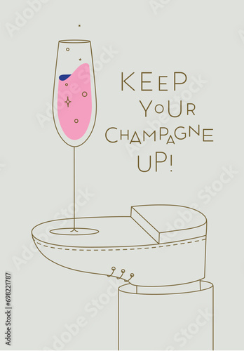 Alcohol poster. Champagne glass with lettering stands on foot drawing in line art style on beige background