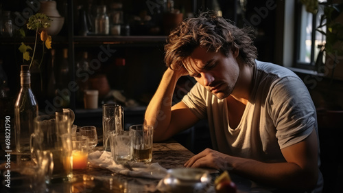 sad man suffers from a hangover and headache after a party, alcohol poisoning, unhappy guy sitting at the table, portrait, interior, drunk person, depression, illness, pain