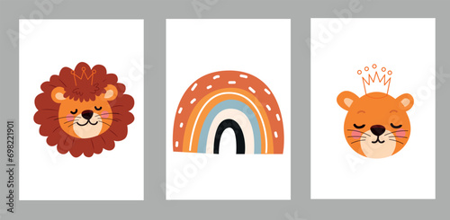 set posters with cute animals lions for the children's room. a set of postcards posters with lions. posters for children's rooms