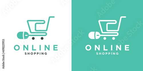 online shop logo template design with shopping cart and mouse for smartphone sign cursor mover