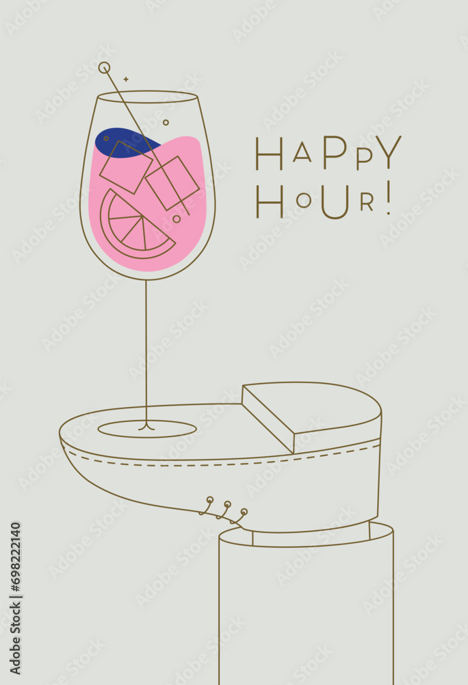 Alcohol poster. Spritz cocktail glass with lettering happy hour stands on foot drawing in line art style on beige background