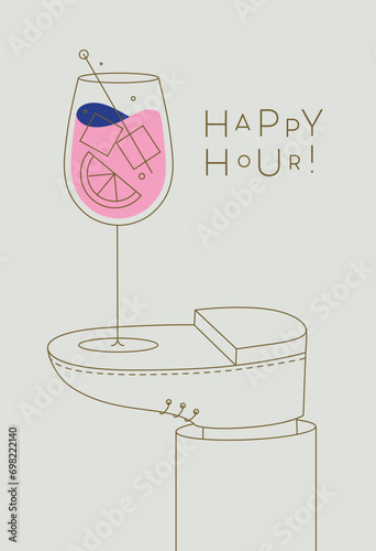 Obraz na płótnie Alcohol poster. Spritz cocktail glass with lettering happy hour stands on foot drawing in line art style on beige background w salonie