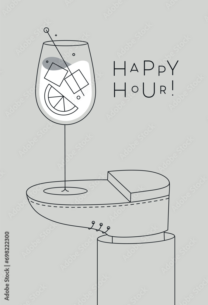Alcohol poster. Spritz cocktail glass with lettering happy hour stands on foot drawing in line art style on grey background