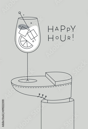 Obraz na płótnie Alcohol poster. Spritz cocktail glass with lettering happy hour stands on foot drawing in line art style on grey background w salonie