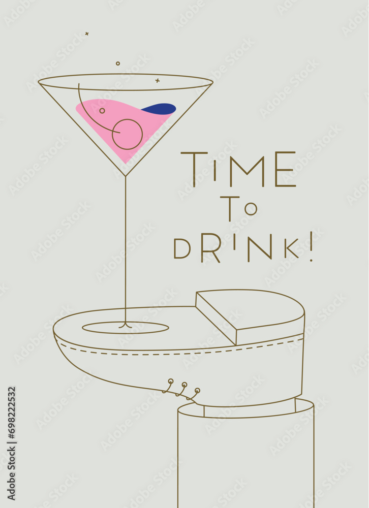 Alcohol poster. Manhattan cocktail glass with lettering time to drink stands on foot drawing in line art style on beige background