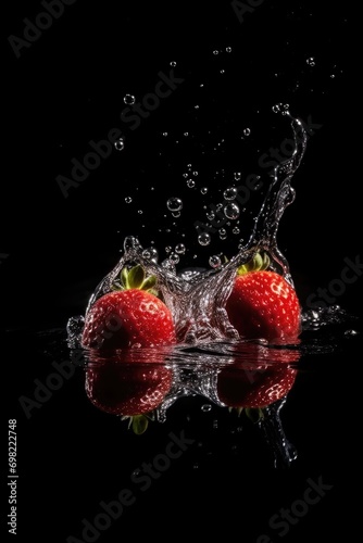 Strawberry Fall In Water  Red Fruit Splash  Juicy Strawberry Falling With Splash on Black Background