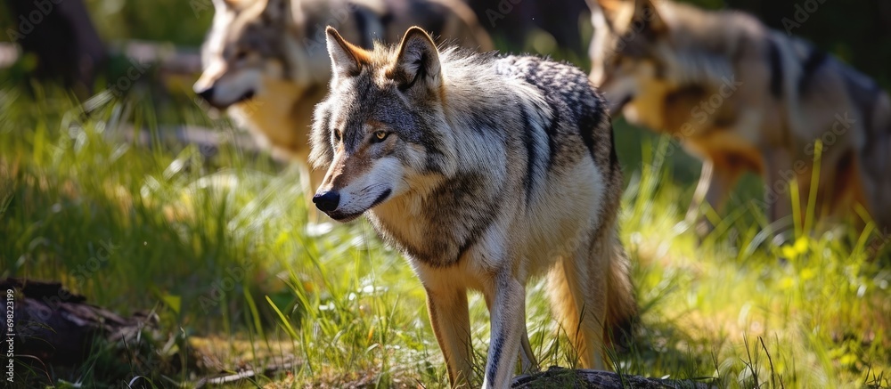 Obraz premium Wolves frolic in the grass.