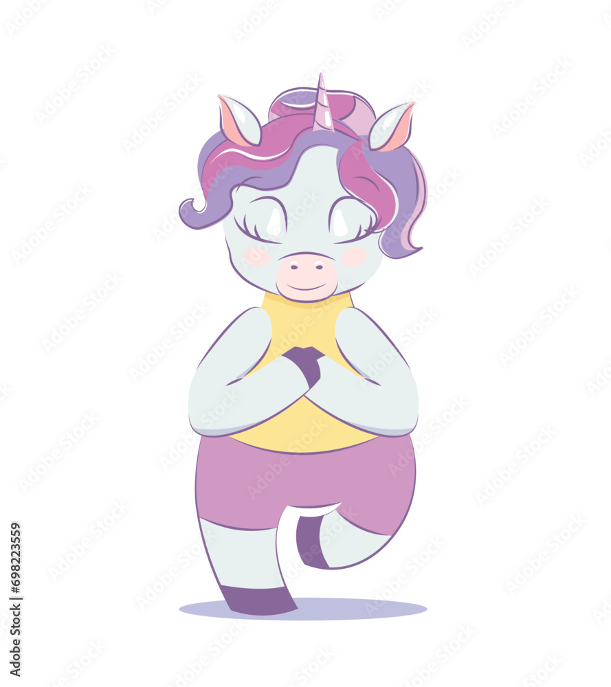 Unicorn does yoga, sports, fitness. International Yoga Day. Drawing of cute childish illustration. Print, textiles, cards, pattern. Beautiful Pegasus. Unicorn does yoga, sports, fitness. International Yoga Day. Drawing of cute childish illustration. Print, textiles, cards, pattern. Beautiful Pegasus.