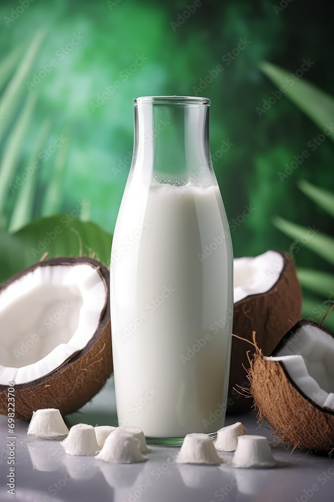 Coconut milk in a bottle and coconut halves. healthy product, dairy products. Cow's milk substitute.