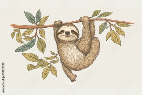 Illustration of an adorable sloth hanging from a tree on a plain background. Generative AI photo