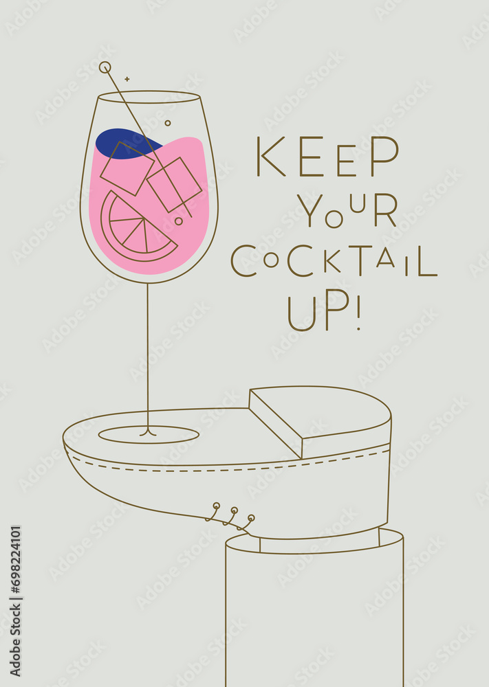 Alcohol poster. Cocktail spritz glass with lettering stands on foot drawing in line art style on beige background