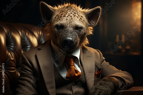 hyena in a business suit with a tie. businessman with the head of a predatory animal.