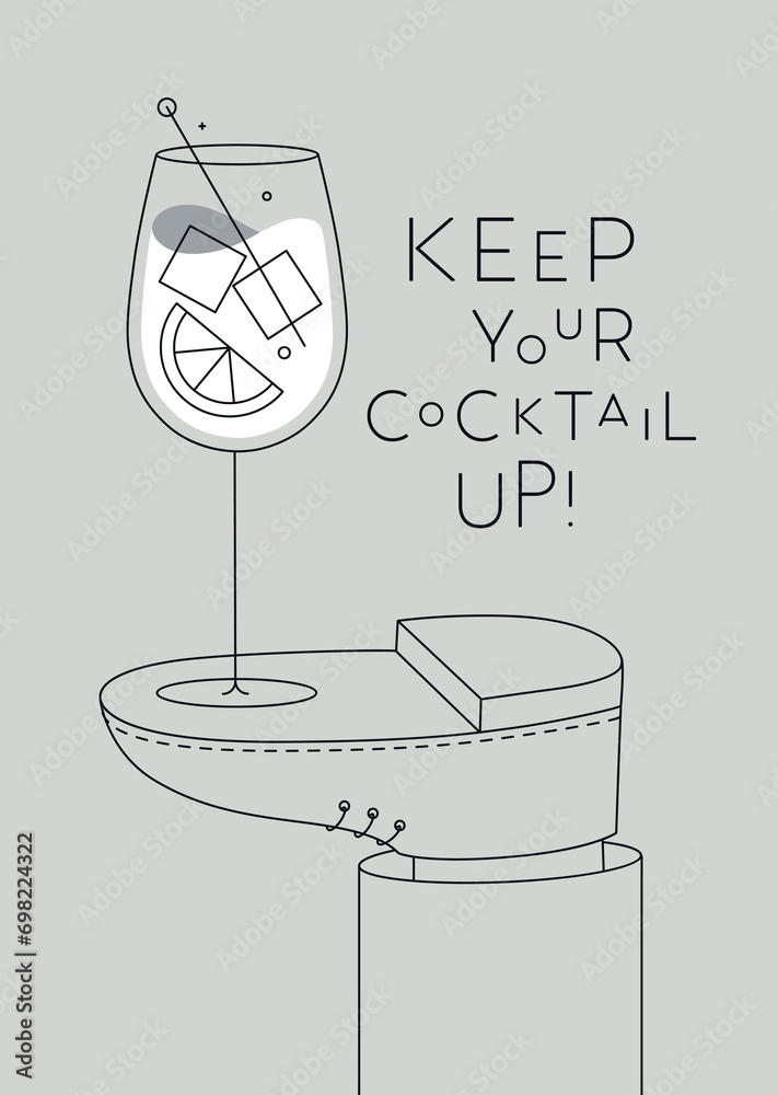 Alcohol poster. Cocktail spritz glass with lettering stands on foot drawing in line art style on grey background
