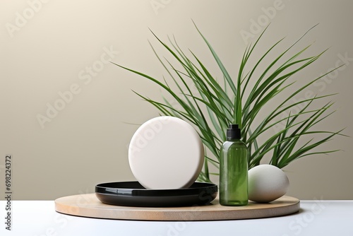 cosmetic mockup with a round podium and green leaves of a houseplant. background, backdrop, scene creator.
