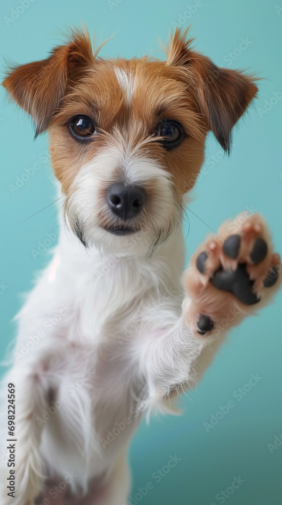 Charming Portrait of Jack Russell Terrier Raising a Paw in Greeting Against a Blueish Background, Ideal for Smartphone Wallpaper or Screensaver