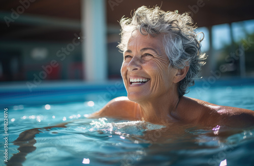 a happy senior woman smiling and talking while swimming in a pool