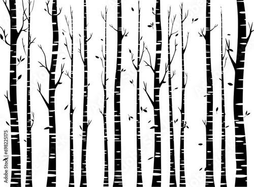 Black and White Vector Birch Tree Silhouette Background with Birds. AI generated illustration. photo