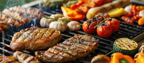 Diverse selection of grilled meats and vegetables on a barbecue.