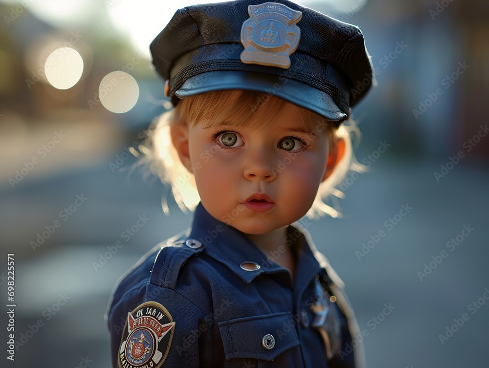 one-year-old as a police officer, toy badge and hat, serious face one-year-old as a police officer, toy badge and hat, serious face