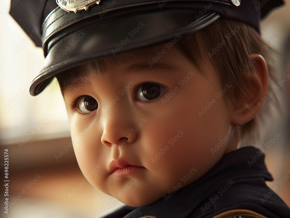 one-year-old as a police officer, toy badge and hat, serious face one-year-old as a police officer, toy badge and hat, serious face
