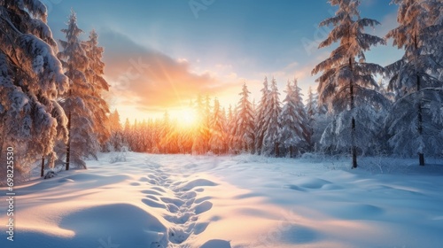 panoramic image captures a stunning snowy winter landscape © Chingiz