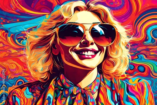 Portrait of a happy fair-haired woman in sunglasses Colourful psychedelic 1970s. AI generative.