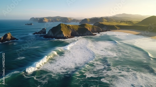 This image captures a dynamic aerial view of flying over the waves at Otur Beach in Asturias, Spain